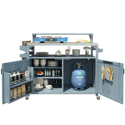 53.3" Outdoor Kitchen Island with Raised Shelf, Solid Wood Storage Cabinet with Stainless Steel Top, Outdoor Rolling Grill Cart with Internal Storage Rack, Adjustable Shelf, Spice Rack, Grey Blue