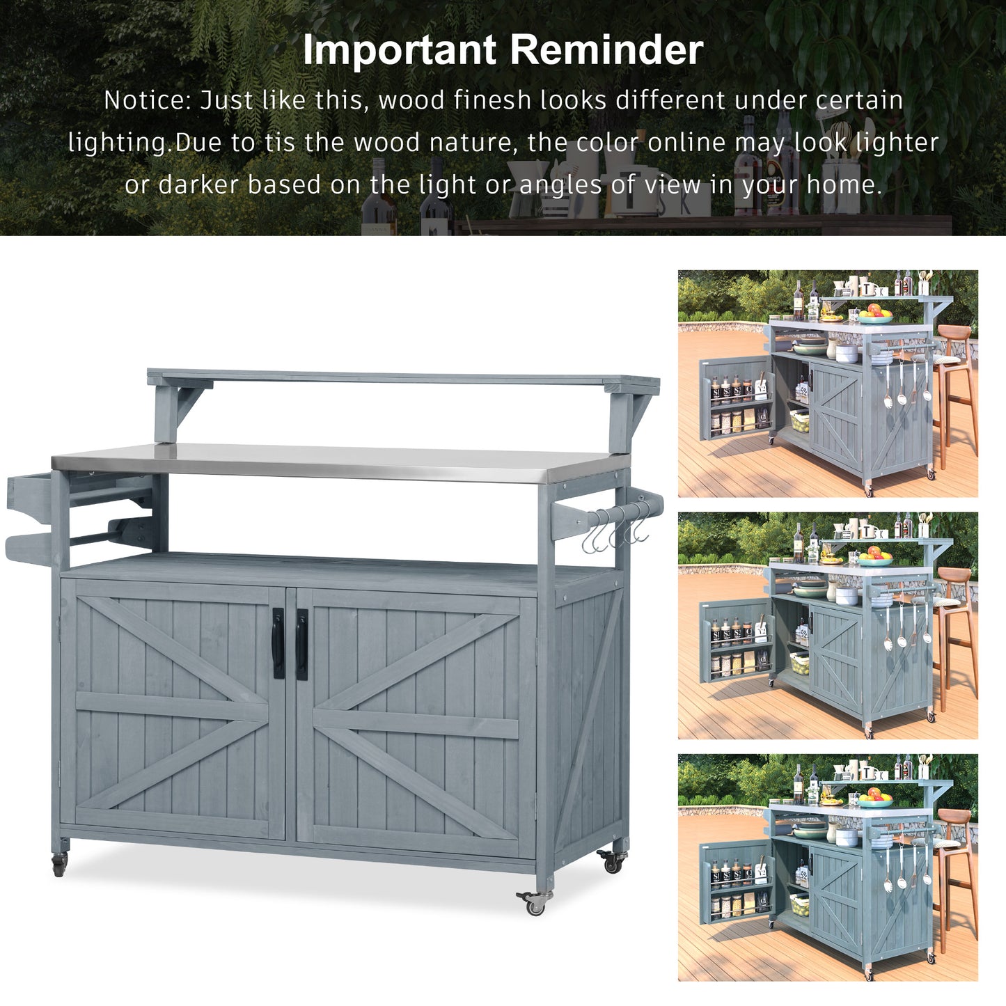 53.3" Outdoor Kitchen Island with Raised Shelf, Solid Wood Storage Cabinet with Stainless Steel Top, Outdoor Rolling Grill Cart with Internal Storage Rack, Adjustable Shelf, Spice Rack, Grey Blue