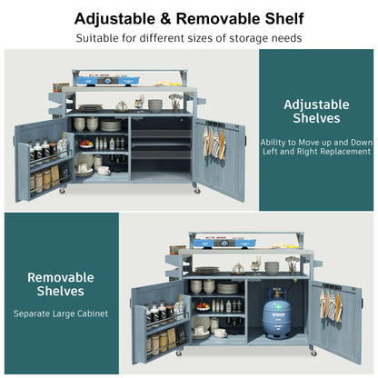 53.3" Outdoor Kitchen Island with Raised Shelf, Solid Wood Storage Cabinet with Stainless Steel Top, Outdoor Rolling Grill Cart with Internal Storage Rack, Adjustable Shelf, Spice Rack, Grey Blue