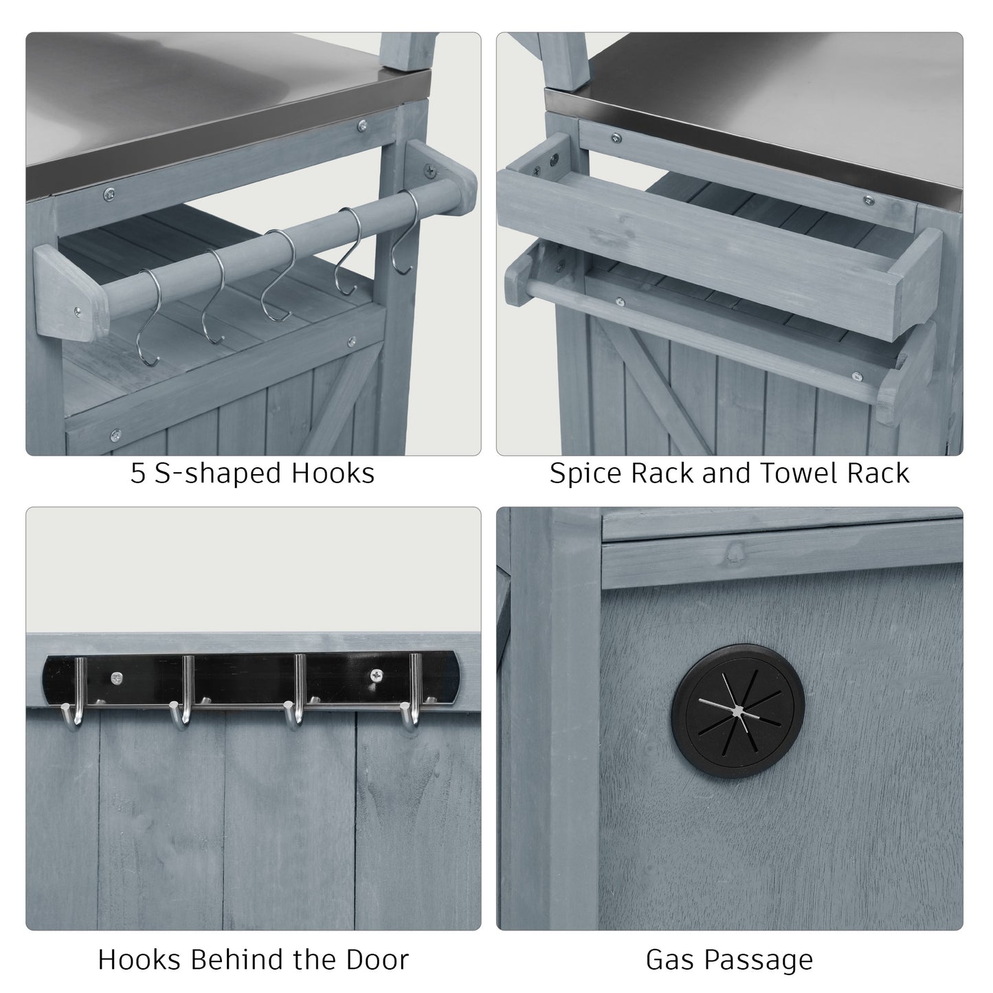 53.3" Outdoor Kitchen Island with Raised Shelf, Solid Wood Storage Cabinet with Stainless Steel Top, Outdoor Rolling Grill Cart with Internal Storage Rack, Adjustable Shelf, Spice Rack, Grey Blue