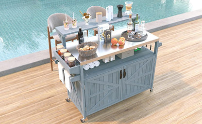 53.3" Outdoor Kitchen Island with Raised Shelf, Solid Wood Storage Cabinet with Stainless Steel Top, Outdoor Rolling Grill Cart with Internal Storage Rack, Adjustable Shelf, Spice Rack, Grey Blue