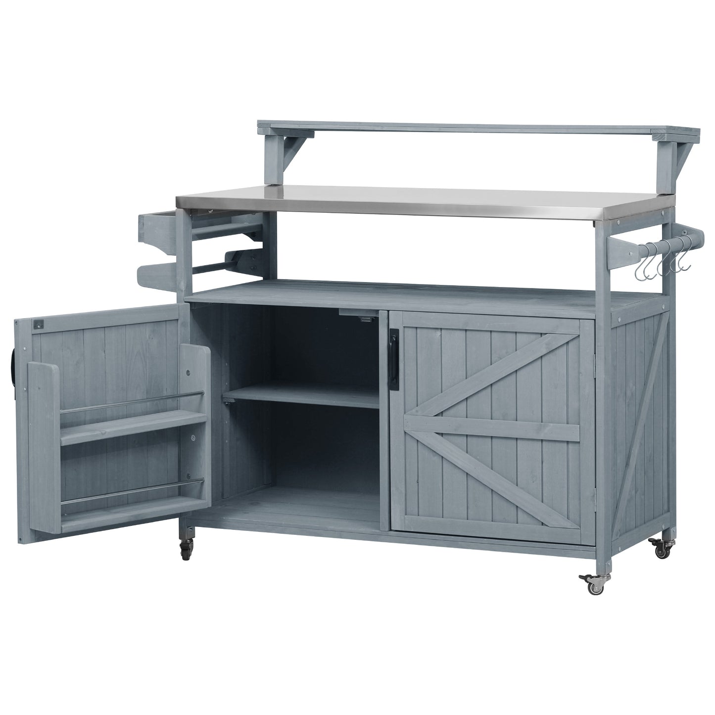 53.3" Outdoor Kitchen Island with Raised Shelf, Solid Wood Storage Cabinet with Stainless Steel Top, Outdoor Rolling Grill Cart with Internal Storage Rack, Adjustable Shelf, Spice Rack, Grey Blue