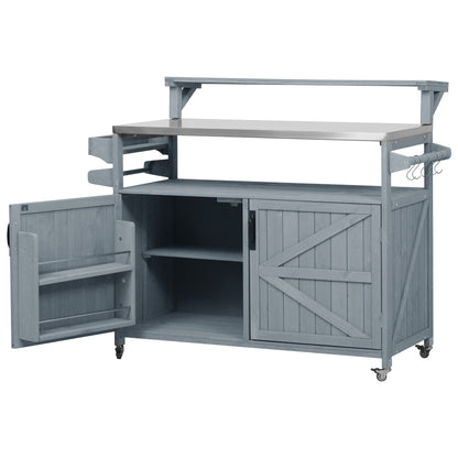 53.3" Outdoor Kitchen Island with Raised Shelf, Solid Wood Storage Cabinet with Stainless Steel Top, Outdoor Rolling Grill Cart with Internal Storage Rack, Adjustable Shelf, Spice Rack, Grey Blue
