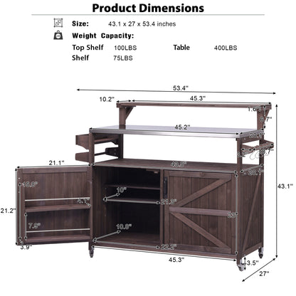 53.3" Outdoor Kitchen Island with Raised Shelf, Solid Wood Storage Cabinet with Stainless Steel Top, Outdoor Rolling Grill Cart with Internal Storage Rack, Adjustable Shelf, Spice Rack, Brown