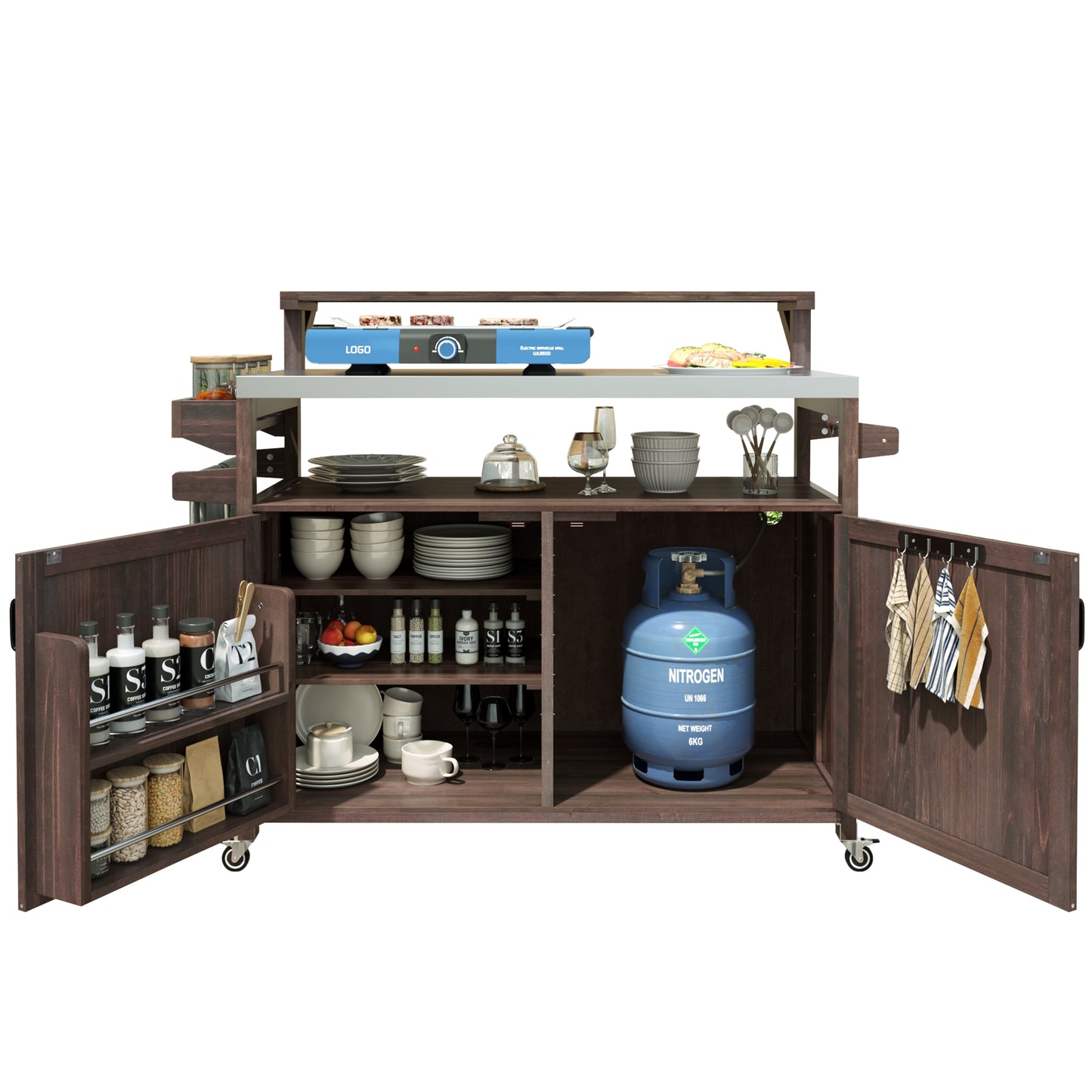 53.3" Outdoor Kitchen Island with Raised Shelf, Solid Wood Storage Cabinet with Stainless Steel Top, Outdoor Rolling Grill Cart with Internal Storage Rack, Adjustable Shelf, Spice Rack, Brown