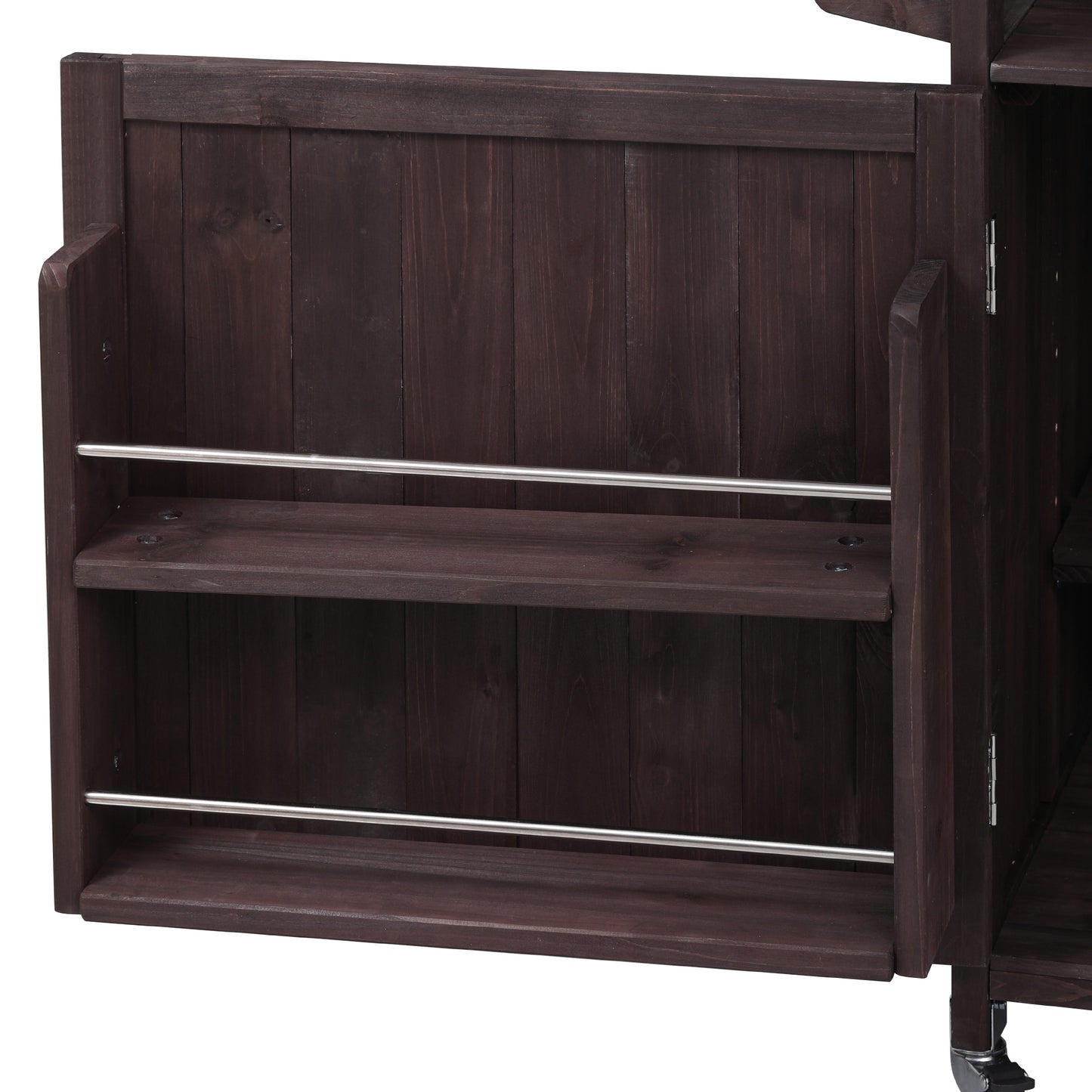 53.3" Outdoor Kitchen Island with Raised Shelf, Solid Wood Storage Cabinet with Stainless Steel Top, Outdoor Rolling Grill Cart with Internal Storage Rack, Adjustable Shelf, Spice Rack, Brown