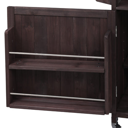53.3" Outdoor Kitchen Island with Raised Shelf, Solid Wood Storage Cabinet with Stainless Steel Top, Outdoor Rolling Grill Cart with Internal Storage Rack, Adjustable Shelf, Spice Rack, Brown