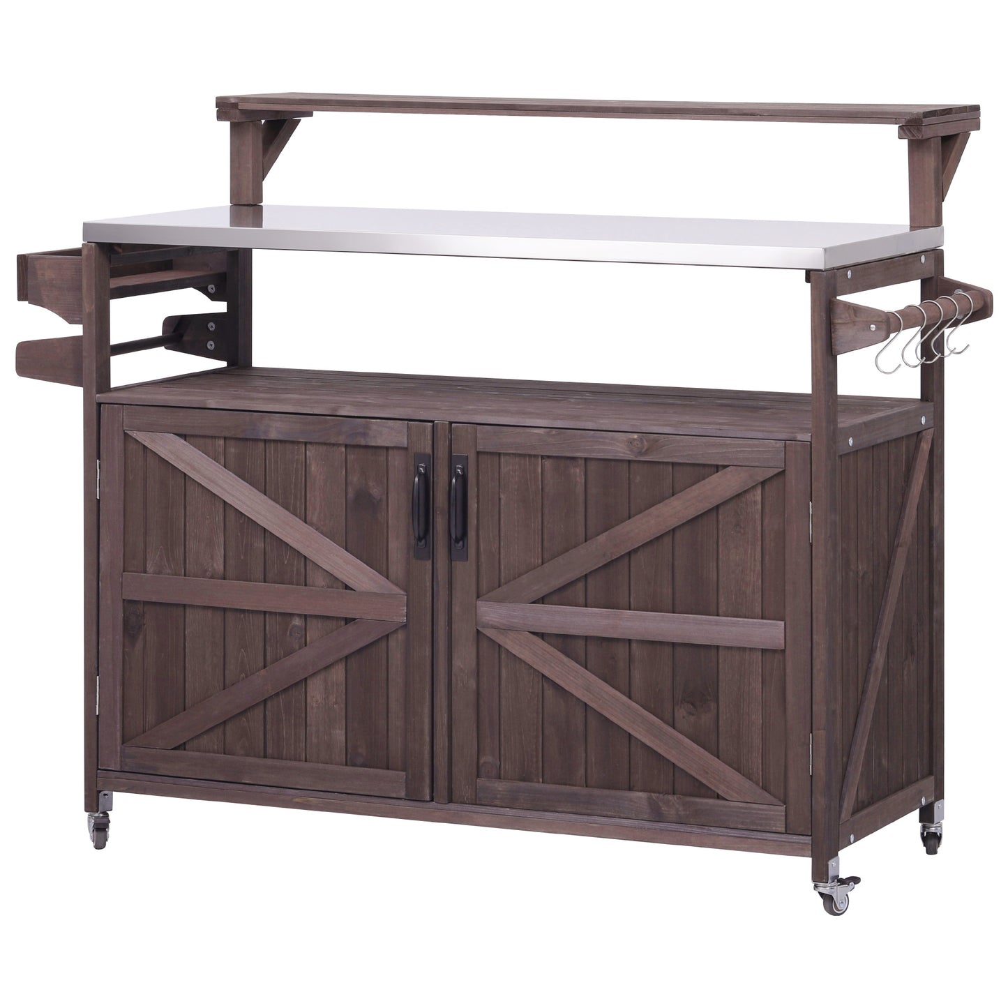 53.3" Outdoor Kitchen Island with Raised Shelf, Solid Wood Storage Cabinet with Stainless Steel Top, Outdoor Rolling Grill Cart with Internal Storage Rack, Adjustable Shelf, Spice Rack, Brown