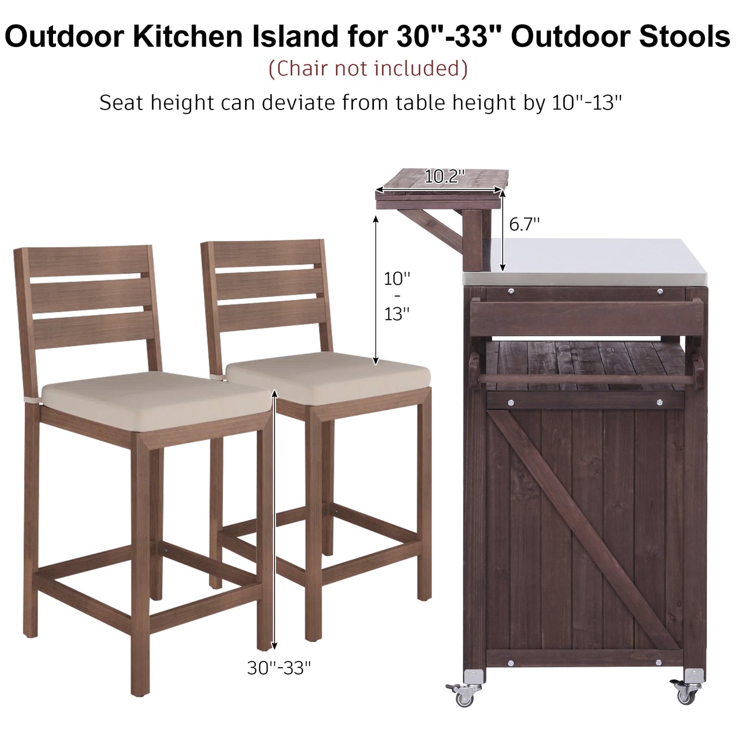 53.3" Outdoor Kitchen Island with Raised Shelf, Solid Wood Storage Cabinet with Stainless Steel Top, Outdoor Rolling Grill Cart with Internal Storage Rack, Adjustable Shelf, Spice Rack, Brown