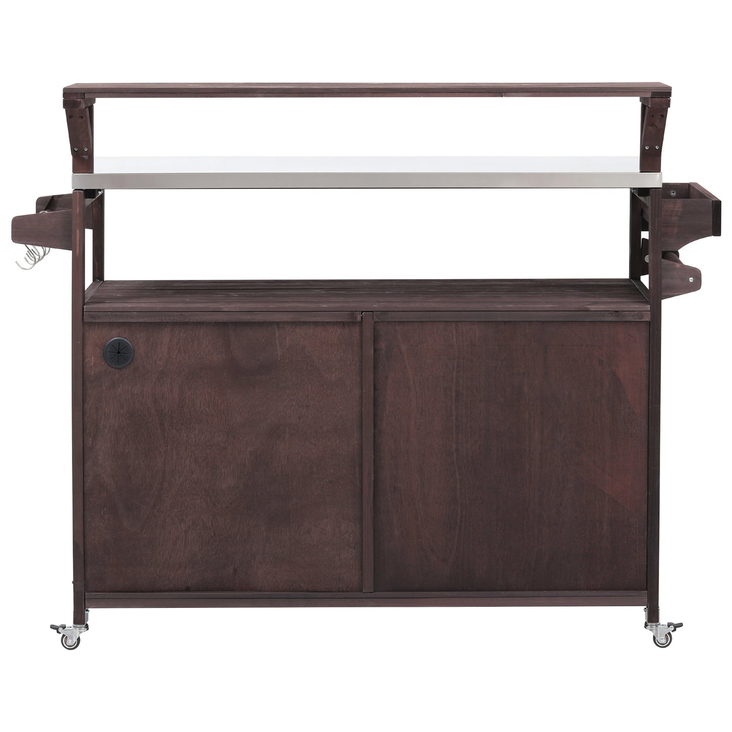 53.3" Outdoor Kitchen Island with Raised Shelf, Solid Wood Storage Cabinet with Stainless Steel Top, Outdoor Rolling Grill Cart with Internal Storage Rack, Adjustable Shelf, Spice Rack, Brown