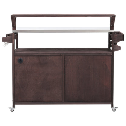 53.3" Outdoor Kitchen Island with Raised Shelf, Solid Wood Storage Cabinet with Stainless Steel Top, Outdoor Rolling Grill Cart with Internal Storage Rack, Adjustable Shelf, Spice Rack, Brown
