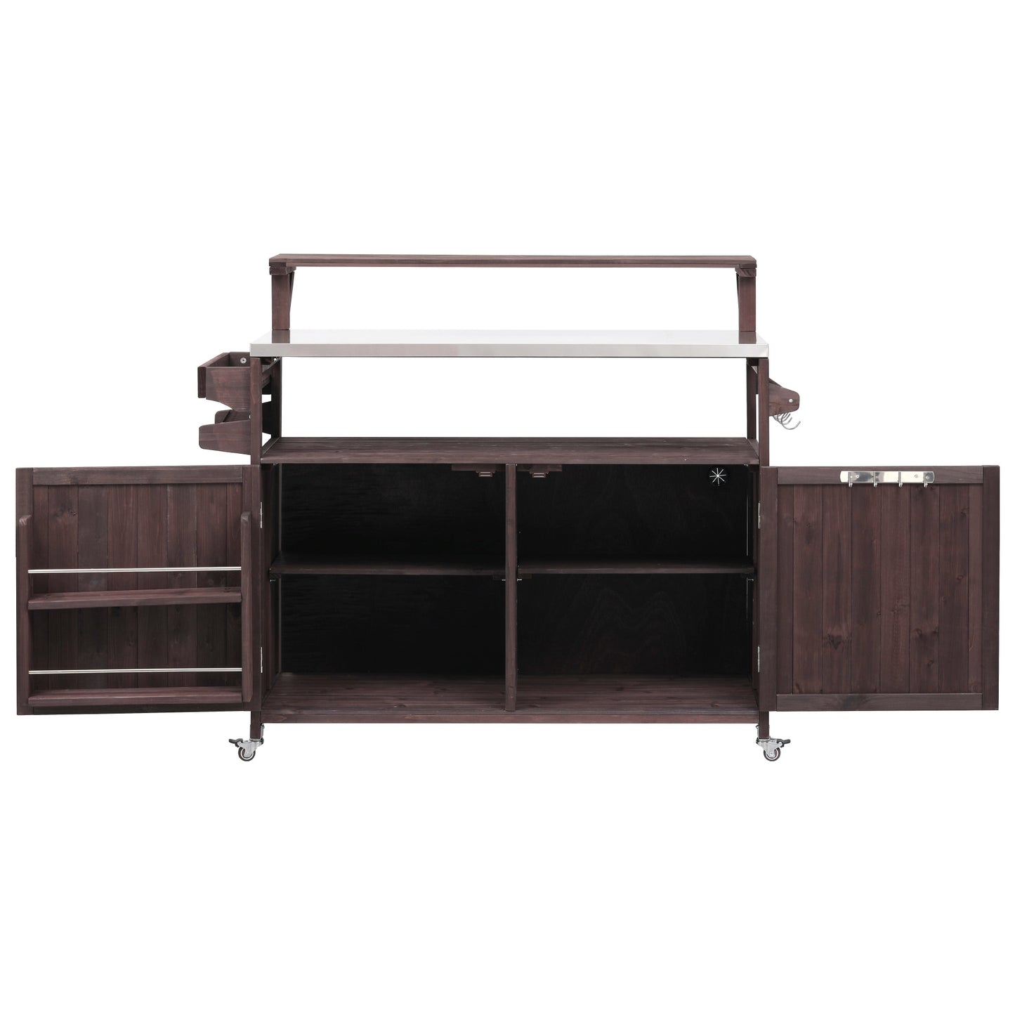 53.3" Outdoor Kitchen Island with Raised Shelf, Solid Wood Storage Cabinet with Stainless Steel Top, Outdoor Rolling Grill Cart with Internal Storage Rack, Adjustable Shelf, Spice Rack, Brown