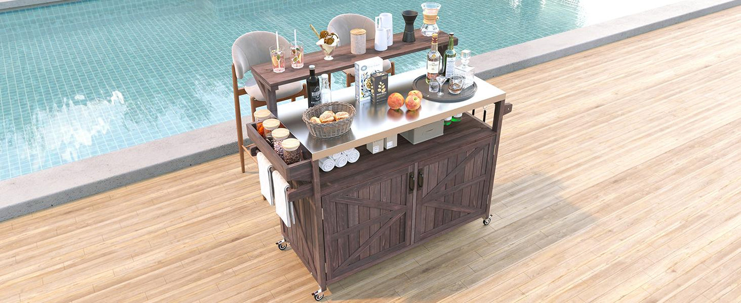 53.3" Outdoor Kitchen Island with Raised Shelf, Solid Wood Storage Cabinet with Stainless Steel Top, Outdoor Rolling Grill Cart with Internal Storage Rack, Adjustable Shelf, Spice Rack, Brown