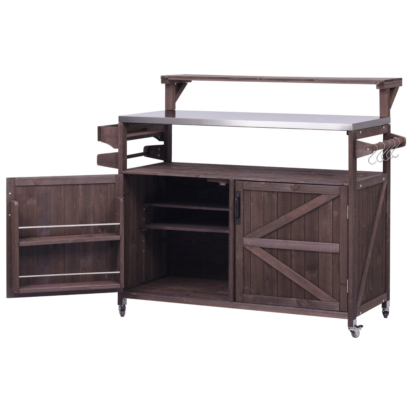 53.3" Outdoor Kitchen Island with Raised Shelf, Solid Wood Storage Cabinet with Stainless Steel Top, Outdoor Rolling Grill Cart with Internal Storage Rack, Adjustable Shelf, Spice Rack, Brown