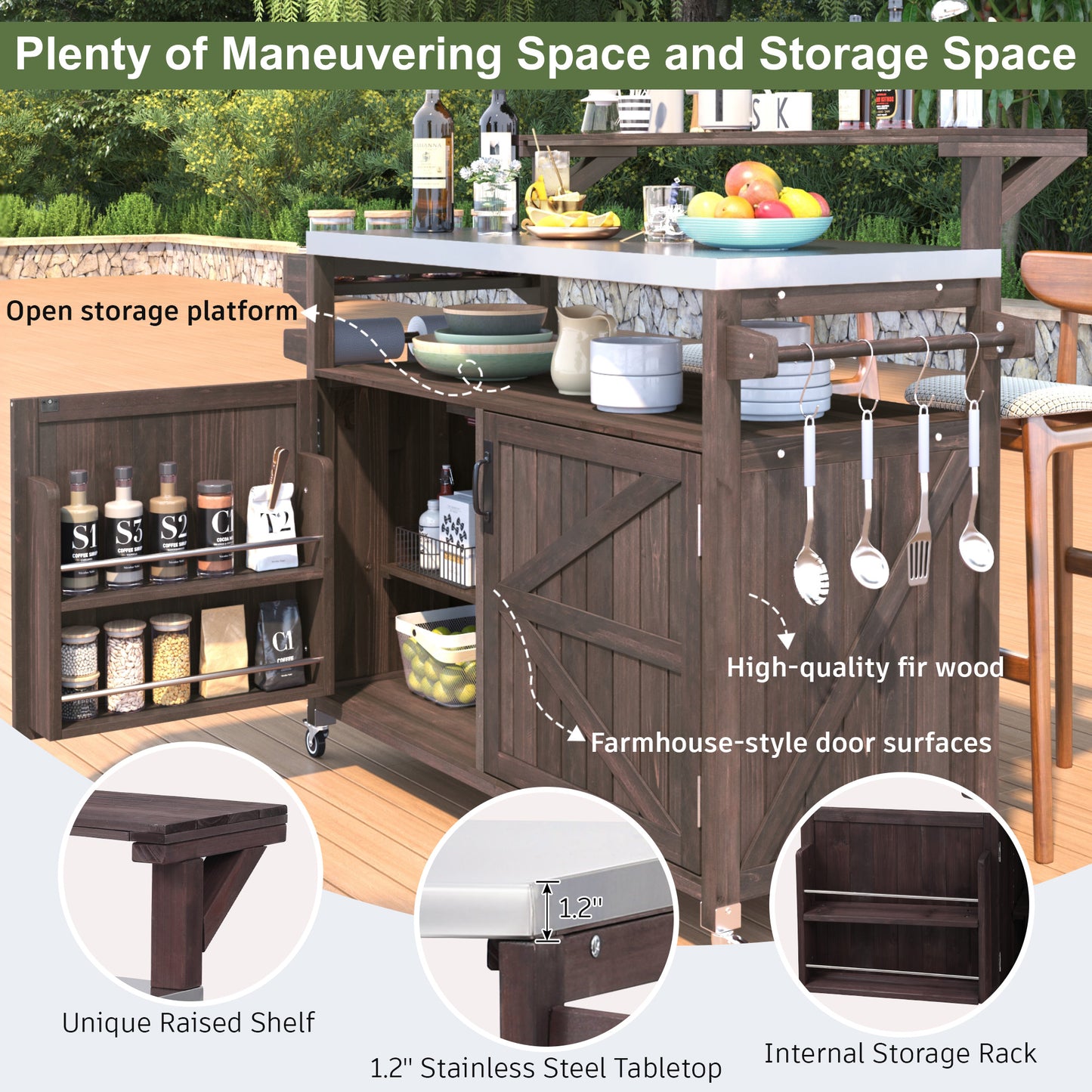 53.3" Outdoor Kitchen Island with Raised Shelf, Solid Wood Storage Cabinet with Stainless Steel Top, Outdoor Rolling Grill Cart with Internal Storage Rack, Adjustable Shelf, Spice Rack, Brown