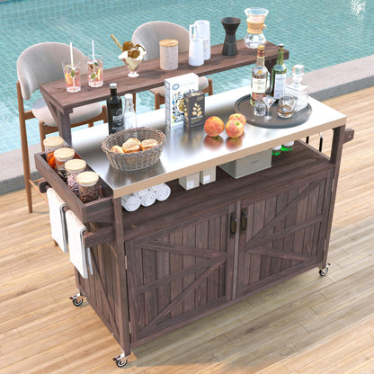 53.3" Outdoor Kitchen Island with Raised Shelf, Solid Wood Storage Cabinet with Stainless Steel Top, Outdoor Rolling Grill Cart with Internal Storage Rack, Adjustable Shelf, Spice Rack, Brown