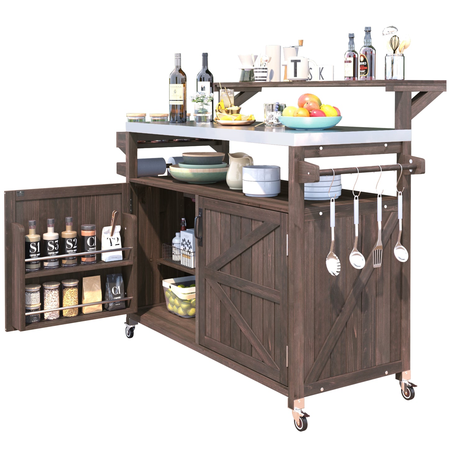 53.3" Outdoor Kitchen Island with Raised Shelf, Solid Wood Storage Cabinet with Stainless Steel Top, Outdoor Rolling Grill Cart with Internal Storage Rack, Adjustable Shelf, Spice Rack, Brown