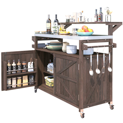 53.3" Outdoor Kitchen Island with Raised Shelf, Solid Wood Storage Cabinet with Stainless Steel Top, Outdoor Rolling Grill Cart with Internal Storage Rack, Adjustable Shelf, Spice Rack, Brown