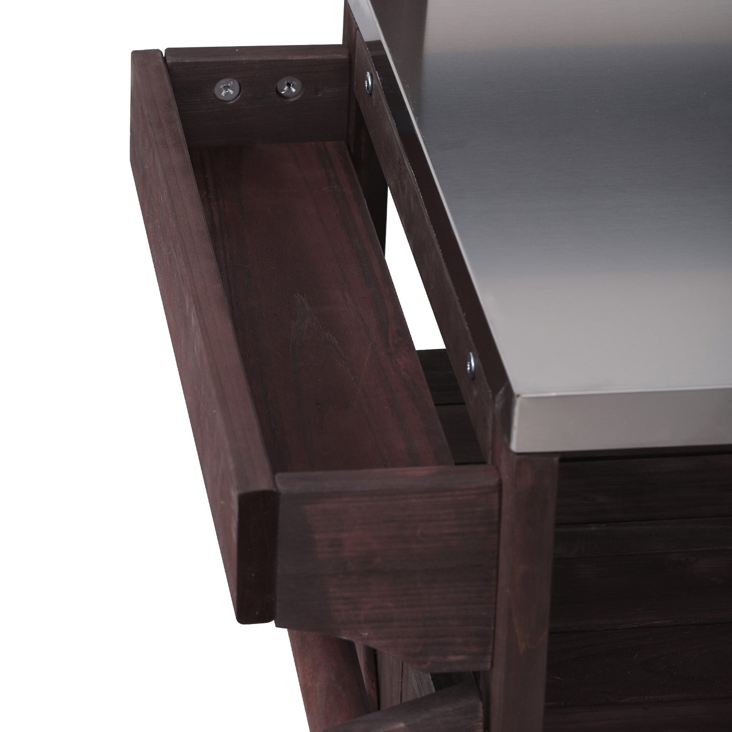 53.3" Outdoor Kitchen Island with Raised Shelf, Solid Wood Storage Cabinet with Stainless Steel Top, Outdoor Rolling Grill Cart with Internal Storage Rack, Adjustable Shelf, Spice Rack, Brown