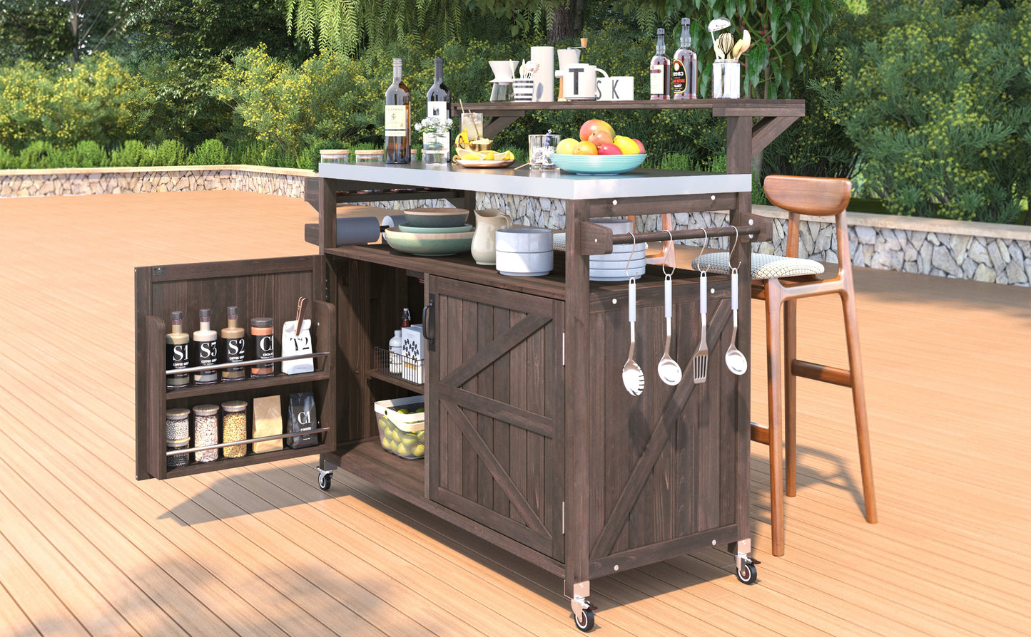 53.3" Outdoor Kitchen Island with Raised Shelf, Solid Wood Storage Cabinet with Stainless Steel Top, Outdoor Rolling Grill Cart with Internal Storage Rack, Adjustable Shelf, Spice Rack, Brown