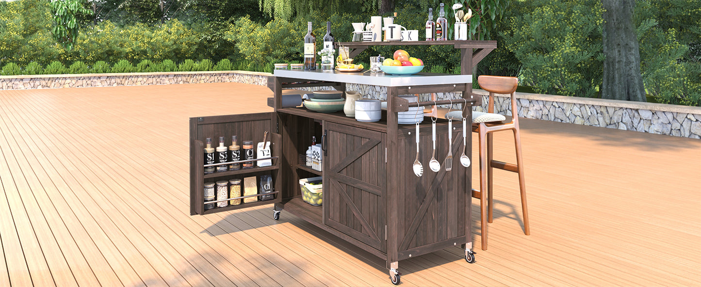53.3" Outdoor Kitchen Island with Raised Shelf, Solid Wood Storage Cabinet with Stainless Steel Top, Outdoor Rolling Grill Cart with Internal Storage Rack, Adjustable Shelf, Spice Rack, Brown