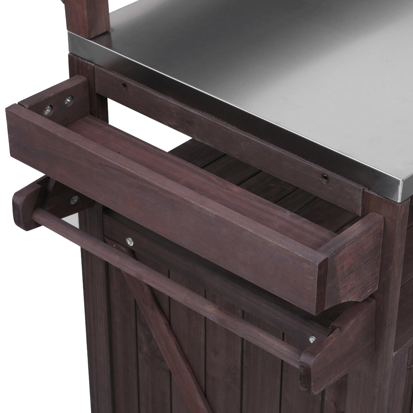 53.3" Outdoor Kitchen Island with Raised Shelf, Solid Wood Storage Cabinet with Stainless Steel Top, Outdoor Rolling Grill Cart with Internal Storage Rack, Adjustable Shelf, Spice Rack, Brown