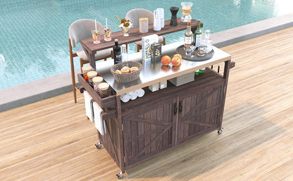 53.3" Outdoor Kitchen Island with Raised Shelf, Solid Wood Storage Cabinet with Stainless Steel Top, Outdoor Rolling Grill Cart with Internal Storage Rack, Adjustable Shelf, Spice Rack, Brown