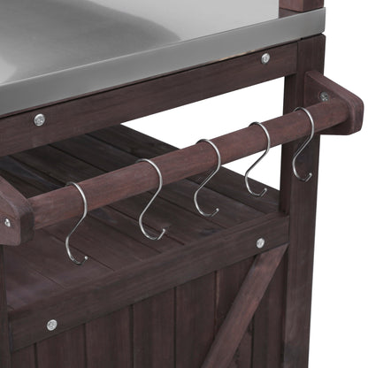 53.3" Outdoor Kitchen Island with Raised Shelf, Solid Wood Storage Cabinet with Stainless Steel Top, Outdoor Rolling Grill Cart with Internal Storage Rack, Adjustable Shelf, Spice Rack, Brown