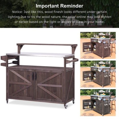 53.3" Outdoor Kitchen Island with Raised Shelf, Solid Wood Storage Cabinet with Stainless Steel Top, Outdoor Rolling Grill Cart with Internal Storage Rack, Adjustable Shelf, Spice Rack, Brown