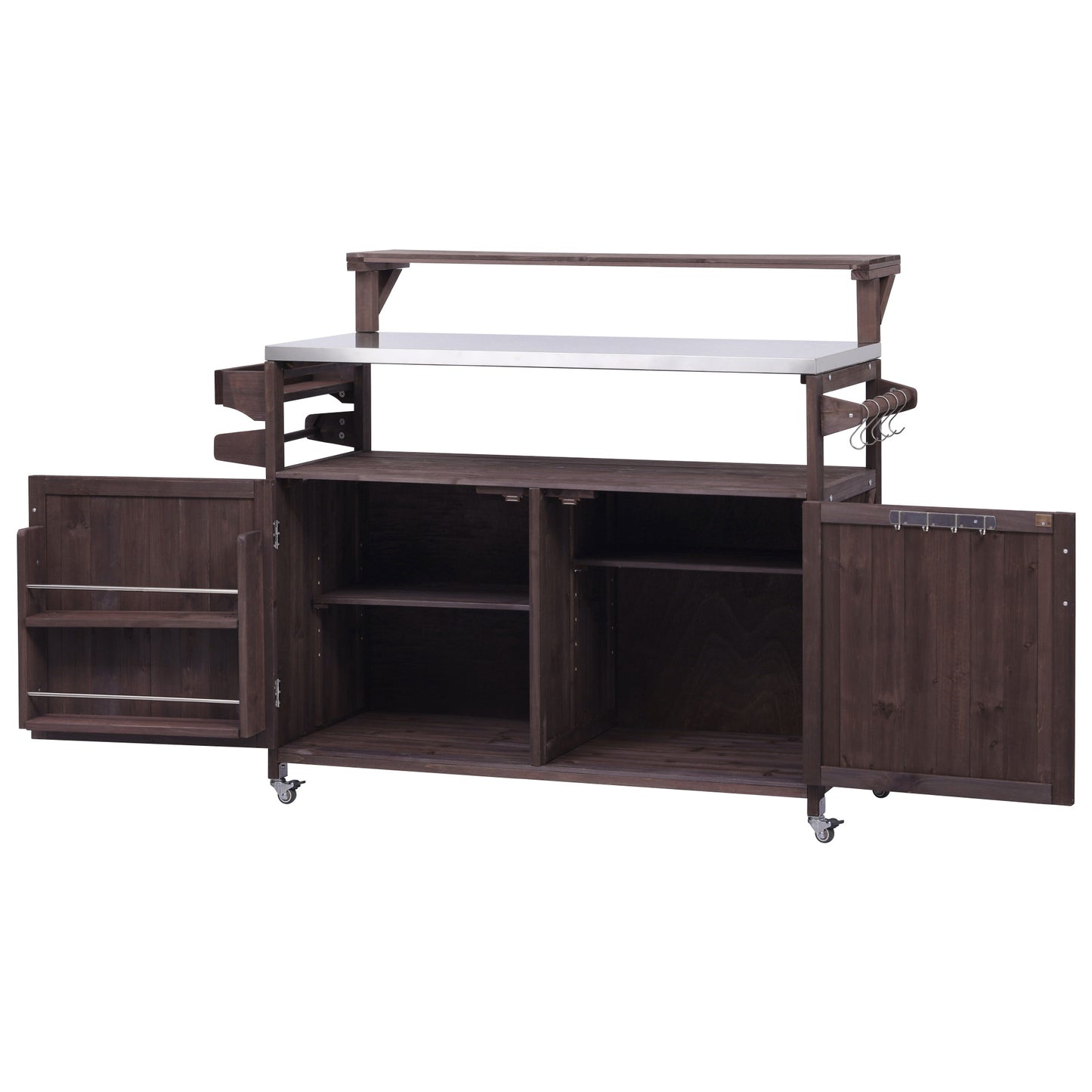 53.3" Outdoor Kitchen Island with Raised Shelf, Solid Wood Storage Cabinet with Stainless Steel Top, Outdoor Rolling Grill Cart with Internal Storage Rack, Adjustable Shelf, Spice Rack, Brown