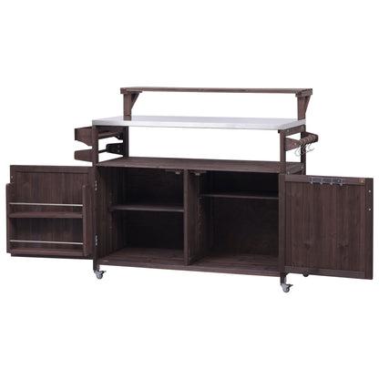 53.3" Outdoor Kitchen Island with Raised Shelf, Solid Wood Storage Cabinet with Stainless Steel Top, Outdoor Rolling Grill Cart with Internal Storage Rack, Adjustable Shelf, Spice Rack, Brown
