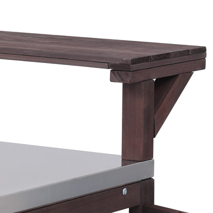 53.3" Outdoor Kitchen Island with Raised Shelf, Solid Wood Storage Cabinet with Stainless Steel Top, Outdoor Rolling Grill Cart with Internal Storage Rack, Adjustable Shelf, Spice Rack, Brown