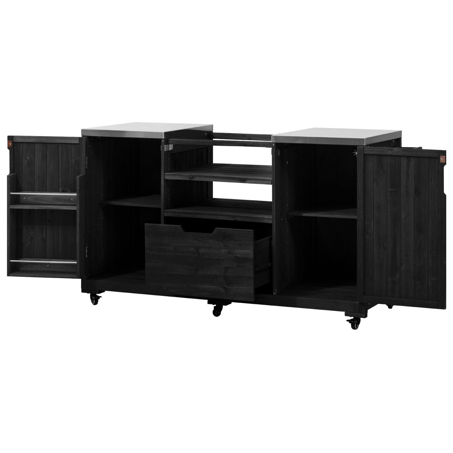 66.5" Outdoor Kitchen Island for Big Green Egg Grills, Solid Wood Outdoor Grill Cart for Tabletop Grill with Stainless Steel Top, Drawer, Compatible with Large Big Green Egg, Kamado Joe- Black