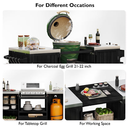 66.5" Outdoor Kitchen Island for Big Green Egg Grills, Solid Wood Outdoor Grill Cart for Tabletop Grill with Stainless Steel Top, Drawer, Compatible with Large Big Green Egg, Kamado Joe- Black