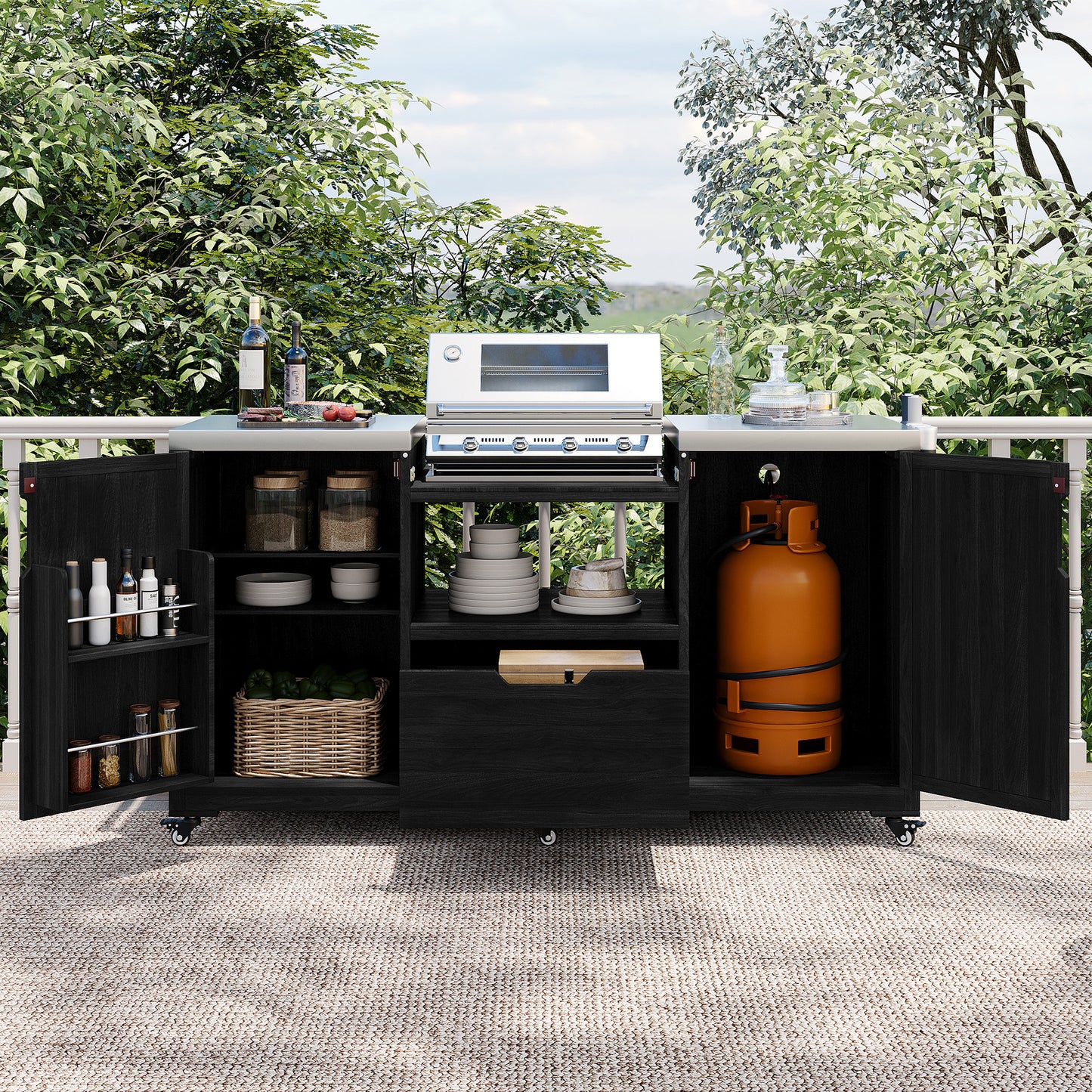 66.5" Outdoor Kitchen Island for Big Green Egg Grills, Solid Wood Outdoor Grill Cart for Tabletop Grill with Stainless Steel Top, Drawer, Compatible with Large Big Green Egg, Kamado Joe- Black