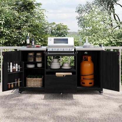 66.5" Outdoor Kitchen Island for Big Green Egg Grills, Solid Wood Outdoor Grill Cart for Tabletop Grill with Stainless Steel Top, Drawer, Compatible with Large Big Green Egg, Kamado Joe- Black