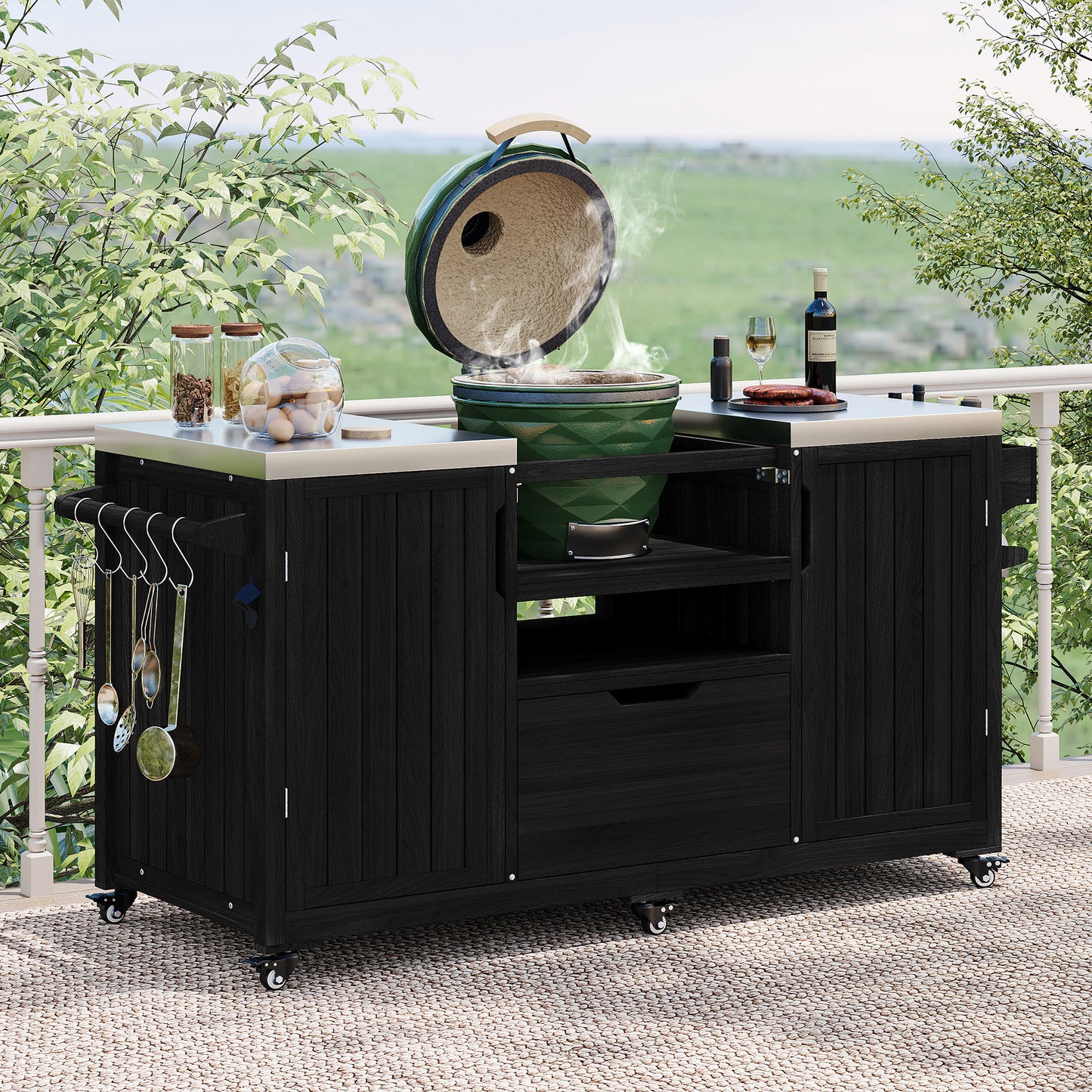 66.5" Outdoor Kitchen Island for Big Green Egg Grills, Solid Wood Outdoor Grill Cart for Tabletop Grill with Stainless Steel Top, Drawer, Compatible with Large Big Green Egg, Kamado Joe- Black