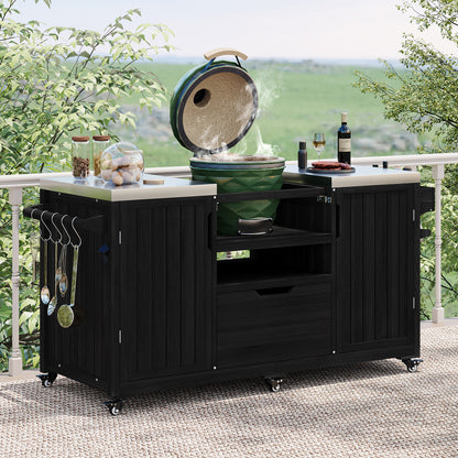 66.5" Outdoor Kitchen Island for Big Green Egg Grills, Solid Wood Outdoor Grill Cart for Tabletop Grill with Stainless Steel Top, Drawer, Compatible with Large Big Green Egg, Kamado Joe- Black