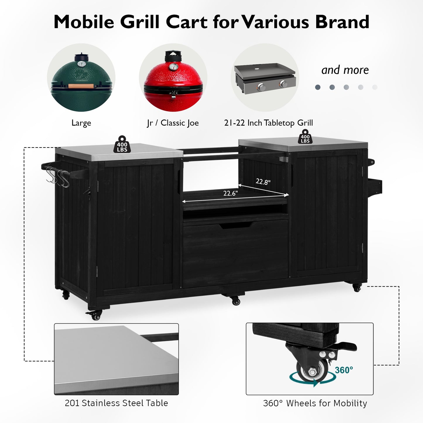 66.5" Outdoor Kitchen Island for Big Green Egg Grills, Solid Wood Outdoor Grill Cart for Tabletop Grill with Stainless Steel Top, Drawer, Compatible with Large Big Green Egg, Kamado Joe- Black