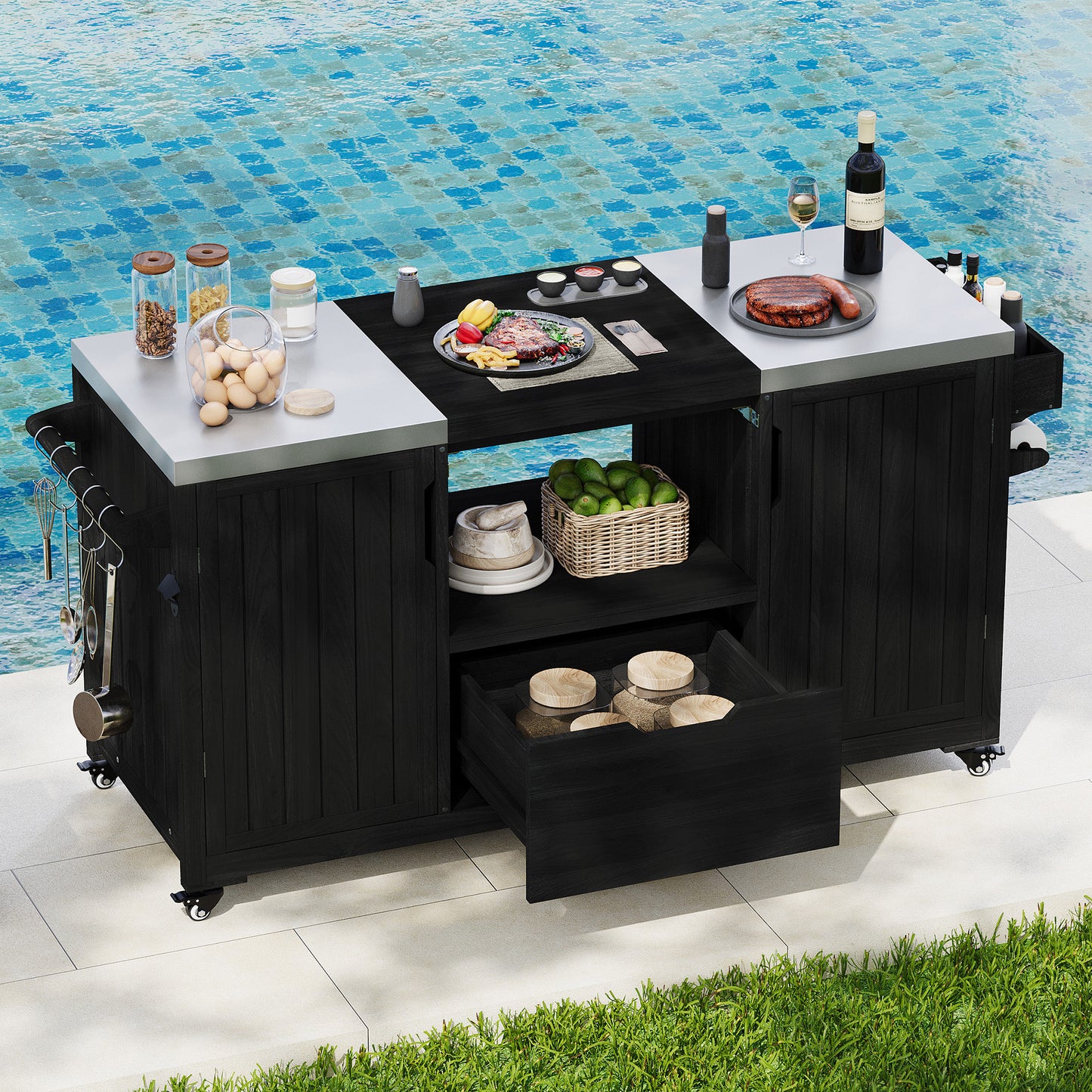 66.5" Outdoor Kitchen Island for Big Green Egg Grills, Solid Wood Outdoor Grill Cart for Tabletop Grill with Stainless Steel Top, Drawer, Compatible with Large Big Green Egg, Kamado Joe- Black