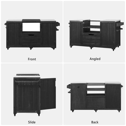 66.5" Outdoor Kitchen Island for Big Green Egg Grills, Solid Wood Outdoor Grill Cart for Tabletop Grill with Stainless Steel Top, Drawer, Compatible with Large Big Green Egg, Kamado Joe- Black