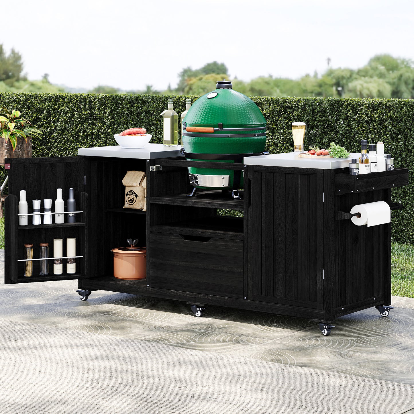 66.5" Outdoor Kitchen Island for Big Green Egg Grills, Solid Wood Outdoor Grill Cart for Tabletop Grill with Stainless Steel Top, Drawer, Compatible with Large Big Green Egg, Kamado Joe- Black