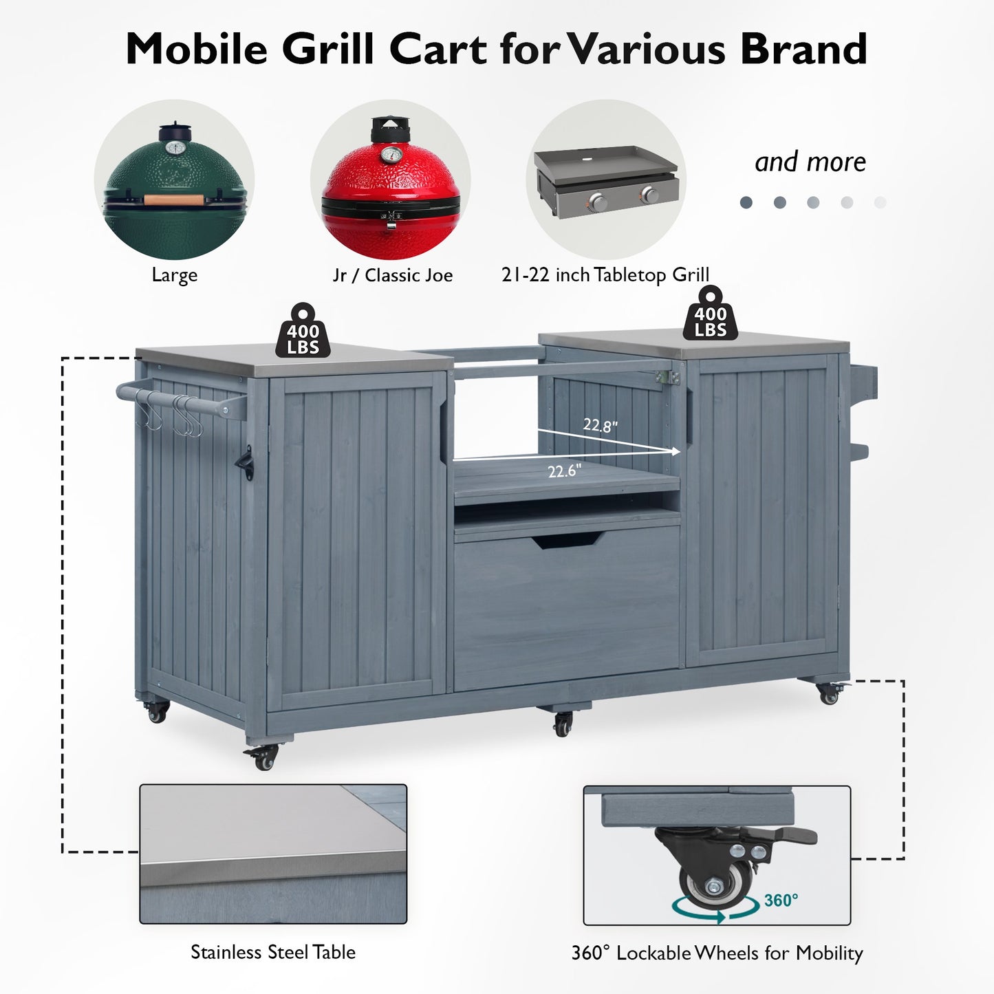 66.5" Outdoor Kitchen Island for Big Green Egg Grills, Solid Wood Outdoor Grill Cart for Tabletop Grill with Stainless Steel Top, Drawer, Compatible with Large Big Green Egg, Kamado Joe- Grey Blue