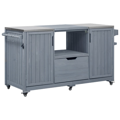 66.5" Outdoor Kitchen Island for Big Green Egg Grills, Solid Wood Outdoor Grill Cart for Tabletop Grill with Stainless Steel Top, Drawer, Compatible with Large Big Green Egg, Kamado Joe- Grey Blue