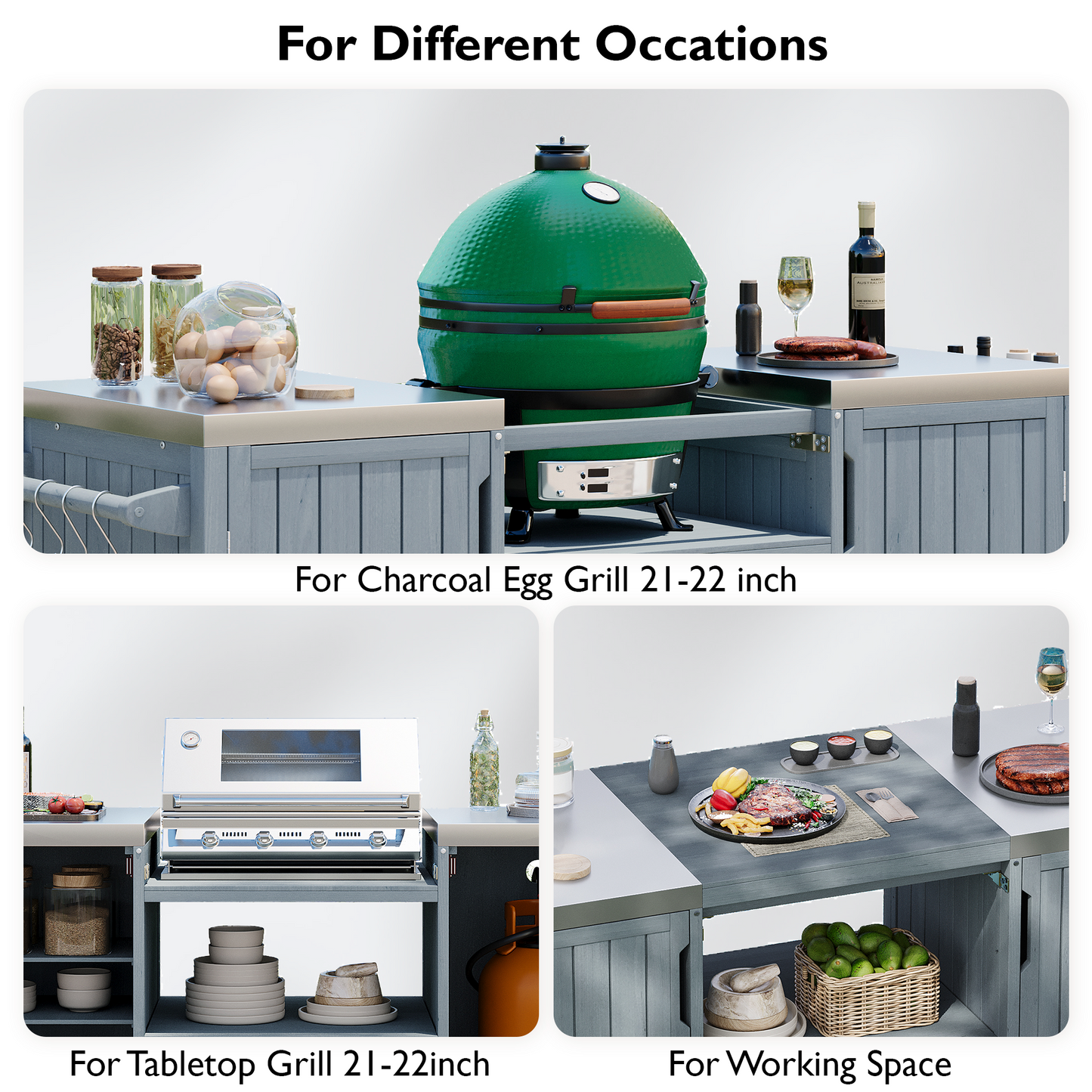 66.5" Outdoor Kitchen Island for Big Green Egg Grills, Solid Wood Outdoor Grill Cart for Tabletop Grill with Stainless Steel Top, Drawer, Compatible with Large Big Green Egg, Kamado Joe- Grey Blue