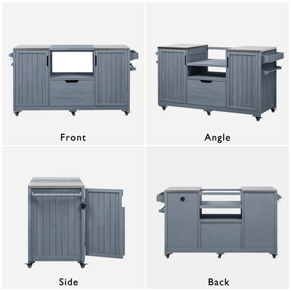 66.5" Outdoor Kitchen Island for Big Green Egg Grills, Solid Wood Outdoor Grill Cart for Tabletop Grill with Stainless Steel Top, Drawer, Compatible with Large Big Green Egg, Kamado Joe- Grey Blue