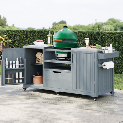 66.5" Outdoor Kitchen Island for Big Green Egg Grills, Solid Wood Outdoor Grill Cart for Tabletop Grill with Stainless Steel Top, Drawer, Compatible with Large Big Green Egg, Kamado Joe- Grey Blue