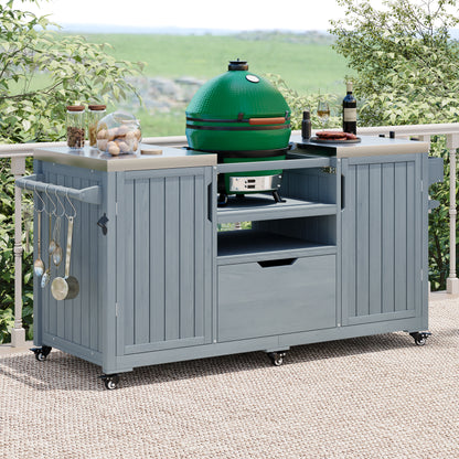 66.5" Outdoor Kitchen Island for Big Green Egg Grills, Solid Wood Outdoor Grill Cart for Tabletop Grill with Stainless Steel Top, Drawer, Compatible with Large Big Green Egg, Kamado Joe- Grey Blue