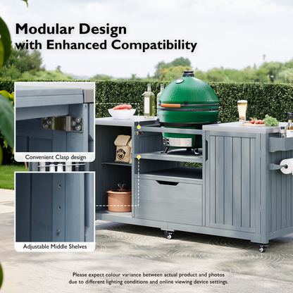 66.5" Outdoor Kitchen Island for Big Green Egg Grills, Solid Wood Outdoor Grill Cart for Tabletop Grill with Stainless Steel Top, Drawer, Compatible with Large Big Green Egg, Kamado Joe- Grey Blue