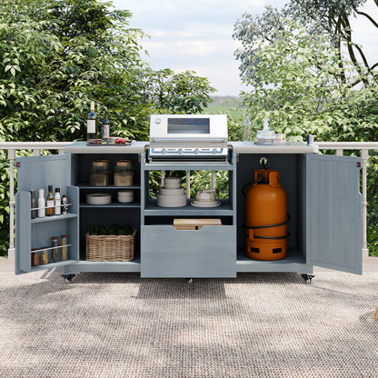 66.5" Outdoor Kitchen Island for Big Green Egg Grills, Solid Wood Outdoor Grill Cart for Tabletop Grill with Stainless Steel Top, Drawer, Compatible with Large Big Green Egg, Kamado Joe- Grey Blue